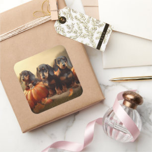 Dachshund Puppy Herfst Delight Pompoen Vierkante Sticker