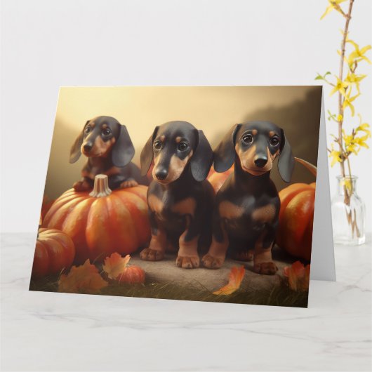 Dachshund Puppy Herfstpracht Pompoen Kaart (Gele Bloem)