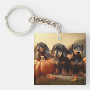 Dachshund Puppy Herfstpracht Pompoen Sleutelhanger