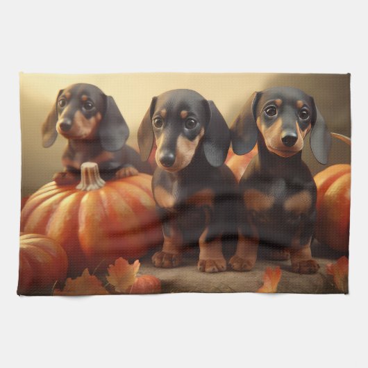 Dachshund Puppy Herfstvreugde Pompoen Theedoek (Horizontaal)