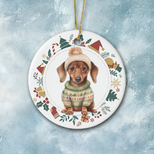 Dachshund Puppy in Winter Sweater Kerstmis Keramisch Ornament