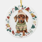 Dachshund Puppy in Winter Sweater Kerstmis Keramisch Ornament (Voorkant)
