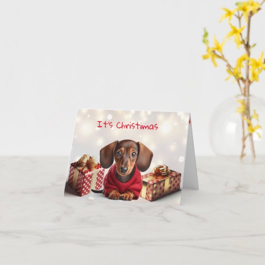 Dachshund Puppy Kerst Wenskaart Kaart (Gele Bloem)