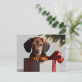Dachshund Puppy Kerstmis Verrassing Briefkaart (Staand voorkant)
