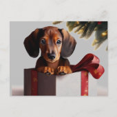 Dachshund Puppy Kerstmis Verrassing Briefkaart (Voorkant)