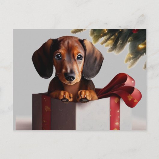 Dachshund Puppy Kerstmis Verrassing Briefkaart (Voorkant)