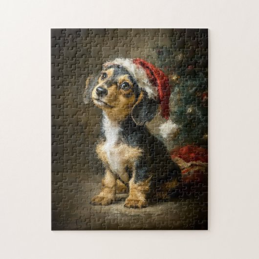 Dachshund Puppy Kerstschilderij Legpuzzel (Verticaal)