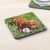 Dachshund Puppy Lazing in gras met all-mas POS Bier Onderzetter (Linkerzijde)