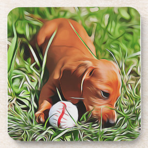 Dachshund Puppy Lazing in gras met all-mas POS Bier Onderzetter