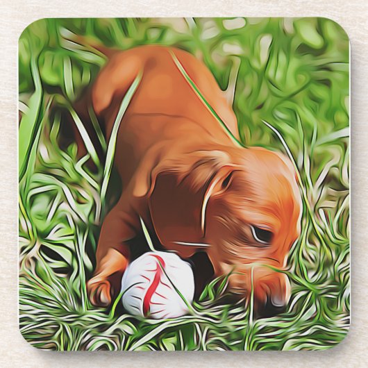 Dachshund Puppy Lazing in gras met all-mas POS Bier Onderzetter (Voorkant)
