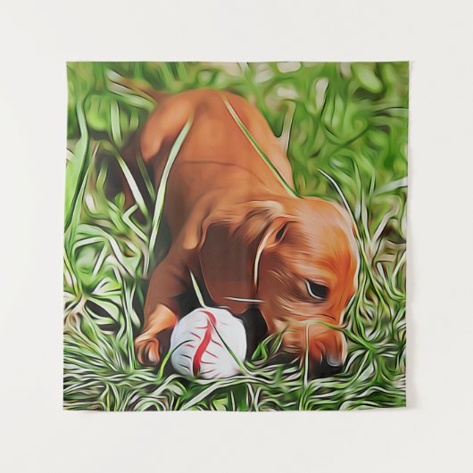 Dachshund Puppy Lazing in gras met all-mas POS Wandkleed (Voorkant)