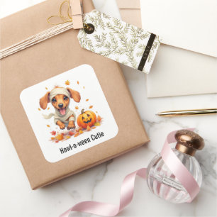 Dachshund Puppy Mummy Halloween Waterverf Vierkante Sticker
