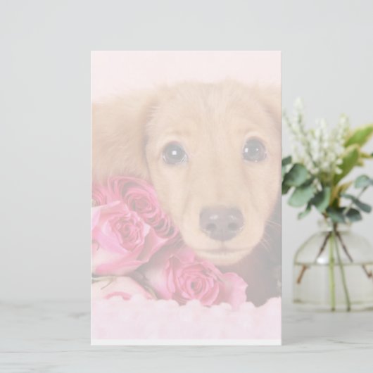 Dachshund Puppy Omringd door Rozen Briefpapier (Staand voorkant)