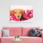 Dachshund Puppy Omringd door Rozen Canvas Afdruk (Insitu (Woonkamer))
