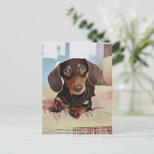 Dachshund Puppy zit op een sofa Briefkaart (Staand voorkant)