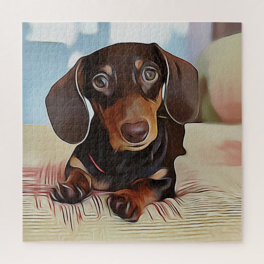 Dachshund Puppy zit op een sofa Legpuzzel (Verticaal)