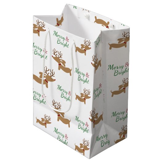 Dachshund Rendier Kerstcadeauzak Merry Doxie Medium Cadeauzakje (Voorkant Gekanteld)