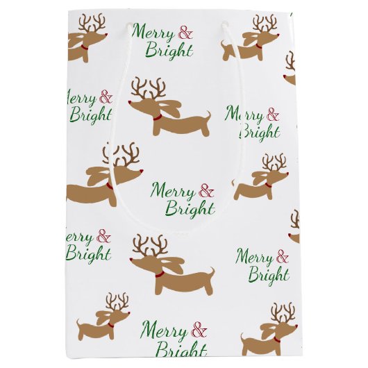 Dachshund Rendier Kerstcadeauzak Merry Doxie Medium Cadeauzakje (Voorkant)