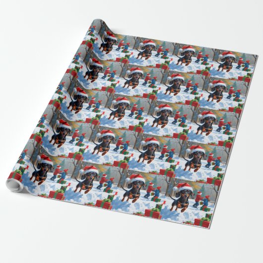Dachshund Rent in de Sneeuw met Kerstmuts Cadeaupapier (Uitgerold)