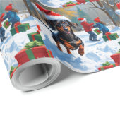 Dachshund Rent in de Sneeuw met Kerstmuts Cadeaupapier (Rol Hoek)