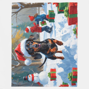 Dachshund Rent in de Sneeuw met Kerstmuts Fleece Deken