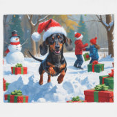 Dachshund Rent in de Sneeuw met Kerstmuts Fleece Deken (Voorkant (Horizontaal))