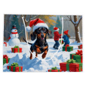 Dachshund Rent in de Sneeuw met Kerstmuts Groot Cadeauzakje (Achterkant)