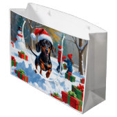Dachshund Rent in de Sneeuw met Kerstmuts Groot Cadeauzakje (Achterkant Gekanteld)