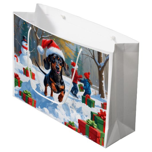Dachshund Rent in de Sneeuw met Kerstmuts Groot Cadeauzakje (Voorkant Gekanteld)