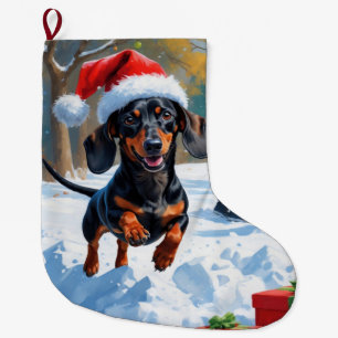 Dachshund Rent in de Sneeuw met Kerstmuts Grote Kerstsok