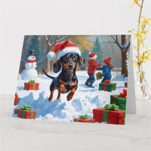 Dachshund Rent in de Sneeuw met Kerstmuts Kaart