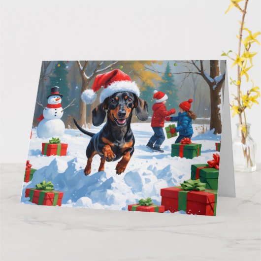 Dachshund Rent in de Sneeuw met Kerstmuts Kaart (Gele Bloem)