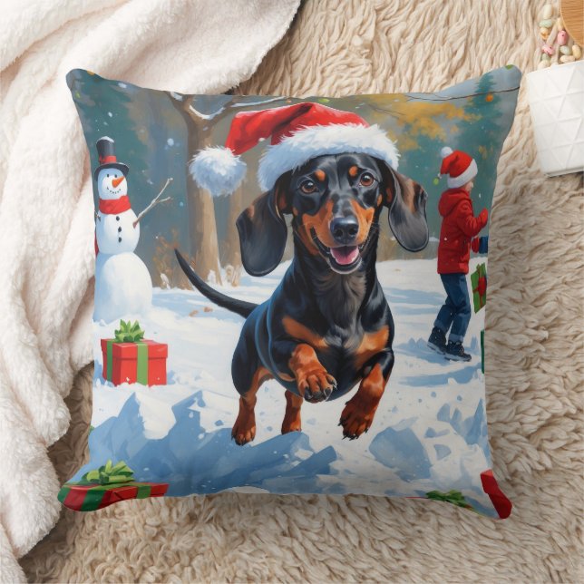 Dachshund Rent in de Sneeuw met Kerstmuts Kussen (Deken)