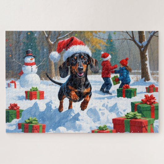 Dachshund Rent in de Sneeuw met Kerstmuts Legpuzzel (Horizontaal)