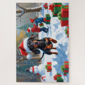Dachshund Rent in de Sneeuw met Kerstmuts Legpuzzel (Verticaal)