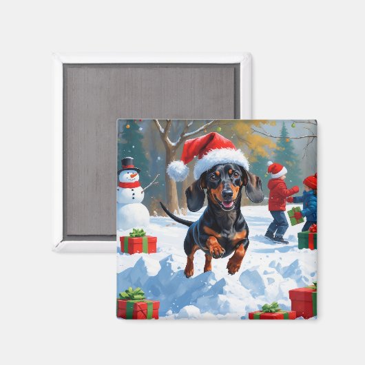 Dachshund Rent in de Sneeuw met Kerstmuts Magneet (Voorkant / Achterkant)
