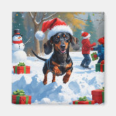 Dachshund Rent in de Sneeuw met Kerstmuts Magneet (Voorkant)