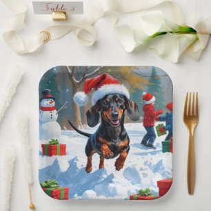 Dachshund Rent in de Sneeuw met Kerstmuts Papieren Bordje
