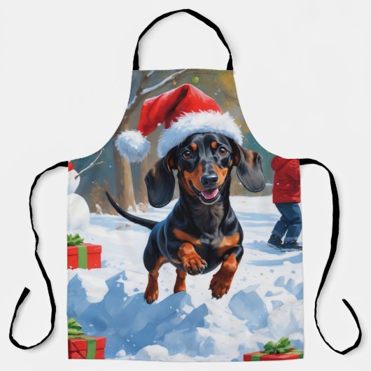 Dachshund Rent in de Sneeuw met Kerstmuts Schort (Voorkant)