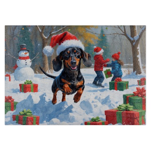 Dachshund Rent in de Sneeuw met Kerstmuts Snijplank (Voorkant)