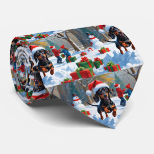 Dachshund Rent in de Sneeuw met Kerstmuts Stropdas