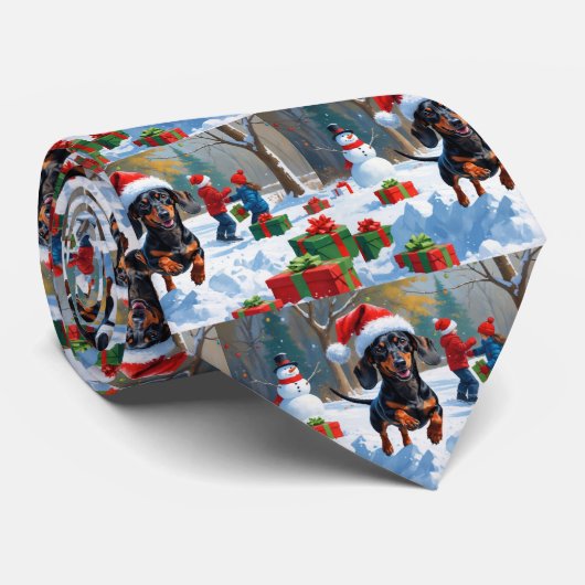 Dachshund Rent in de Sneeuw met Kerstmuts Stropdas (Opgerold)