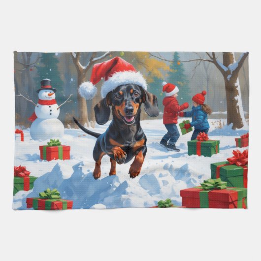 Dachshund Rent in de Sneeuw met Kerstmuts Theedoek (Horizontaal)