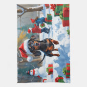 Dachshund Rent in de Sneeuw met Kerstmuts Theedoek (Verticaal)