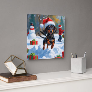 Dachshund Rent in de Sneeuw met Kerstmuts Vierkante Klok