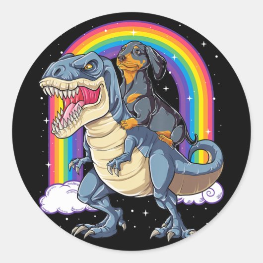 Dachshund Riding Dinosaur T Rex geeft jongens Kind Ronde Sticker (Voorkant)