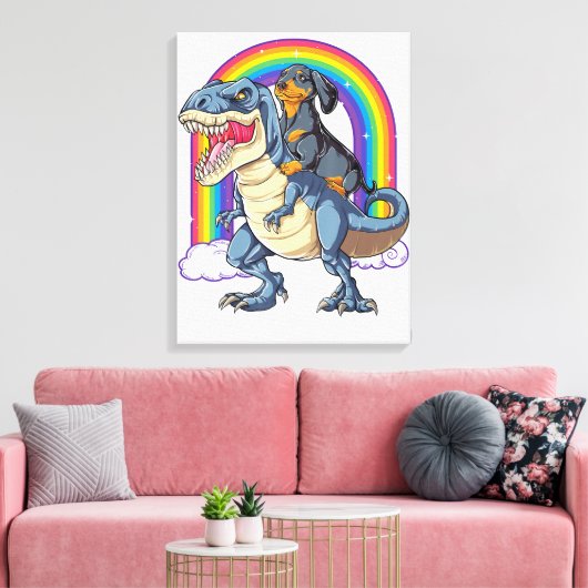 Dachshund Riding Dinosaur T Rex Gifts Boys Kinder Canvas Afdruk (Insitu (Woonkamer))