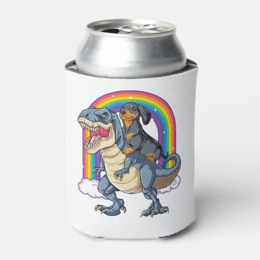 Dachshund Riding Dinosaur T rex Shirt voor mannen Blikjeskoeler (Blikje Voorkant)