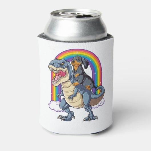 Dachshund Riding Dinosaur T rex Shirt voor mannen Blikjeskoeler (Blikje Achterkant)