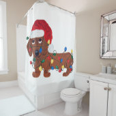 Dachshund (rood) met kerstverlichting douchegordijn (In situ)